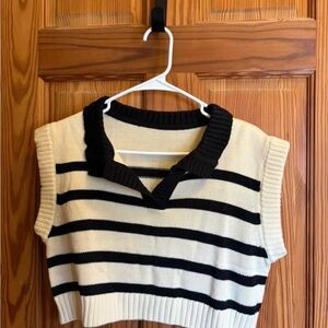 SHEIN Black and Cream Striped V-Neck Sweater